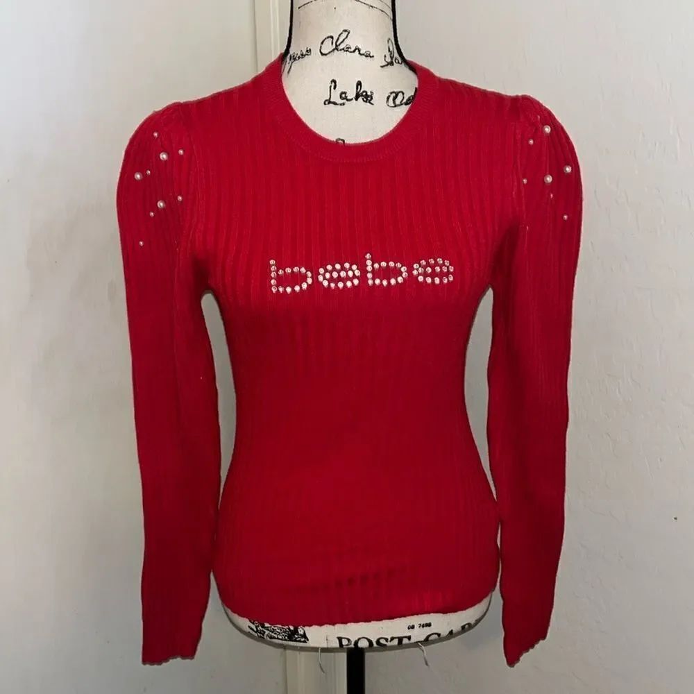 Bebe Red Rhinestone Bling Embellished Faux Pearl Detailed Ribbed Long Sleeve Top